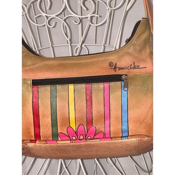 BEAUTIFUL UNIQUE GENUINE Leather Anuschka hand painted striped purse with floral - Picture 2 of 10